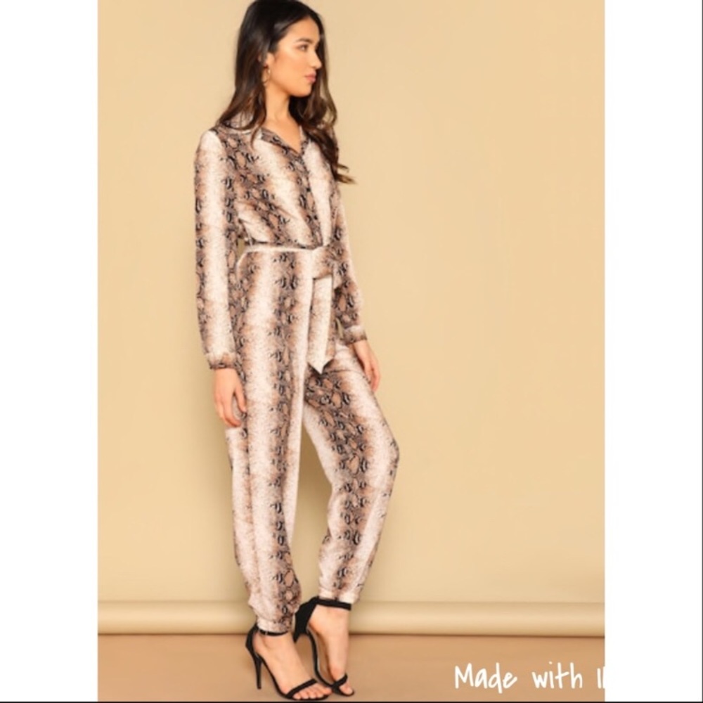 Snakeskin print one piece long sleeve jumpsuit